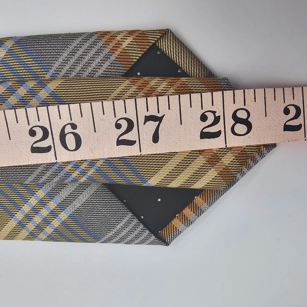 Dockers Slim Tie‎ Gold Gray Blue Plaid Tartan Silk Blend Hand Made Men's Necktie